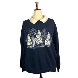 Vintage 90s WINTER SNOW TREES  COLLARED GRANDMA SWEATSHIRT Christmas